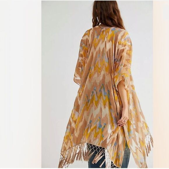 Free People Dripping Burnout Velvet Kimono / Fringe Yellow Tan Blue - Picture 2 of 5